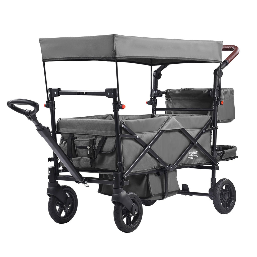 Wagon Stroller For 2 Kids, Push Pull Quad Collapsible Stroller With Adjustable Handle, Encircling Harness Removable Canopy, 4 Wheels W/ Brakes, Mutifunction Tandem Stroller For Camping Dark Grey