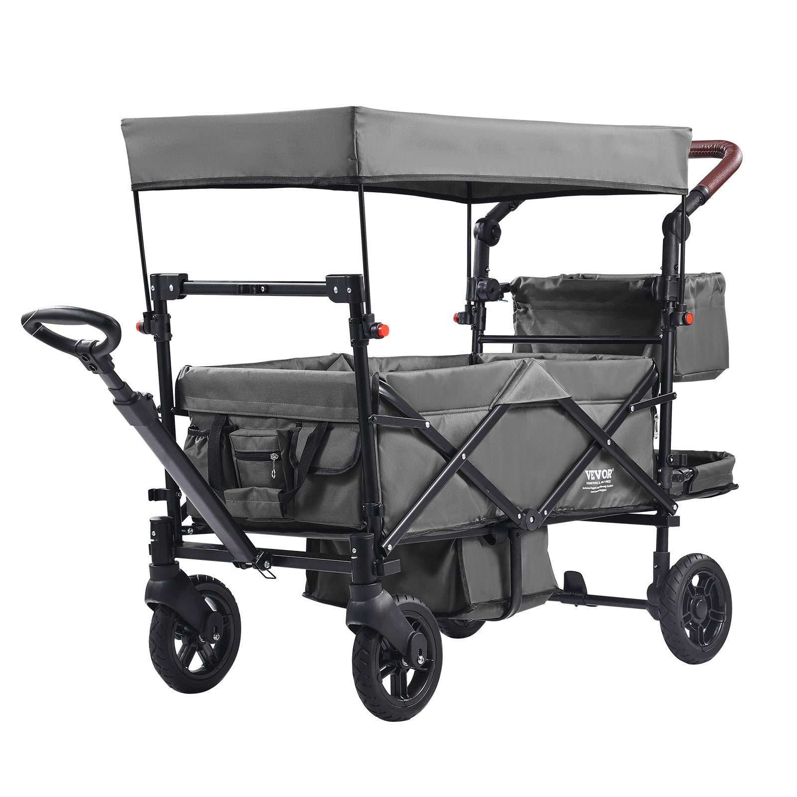 Wagon Stroller For 2 Kids, Push Pull Quad Collapsible Stroller With Adjustable Handle, Encircling Harness Removable Canopy, 4 Wheels W/ Brakes, Mutifunction Tandem Stroller For Camping Dark Grey