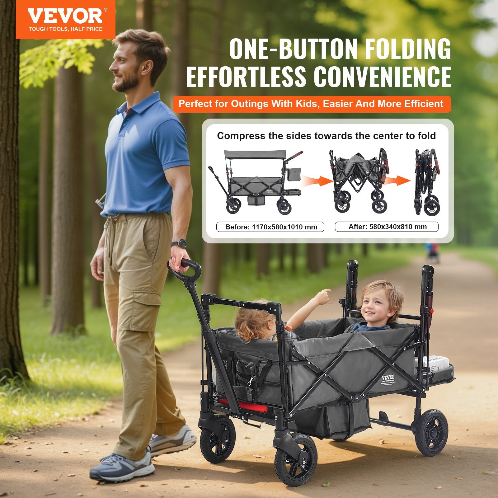 Wagon Stroller For 2 Kids, Push Pull Quad Collapsible Stroller With Adjustable Handle, Encircling Harness Removable Canopy, 4 Wheels W/ Brakes, Mutifunction Tandem Stroller For Camping Dark Grey